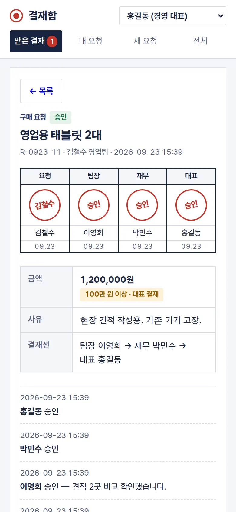결재란과 진행 기록 화면