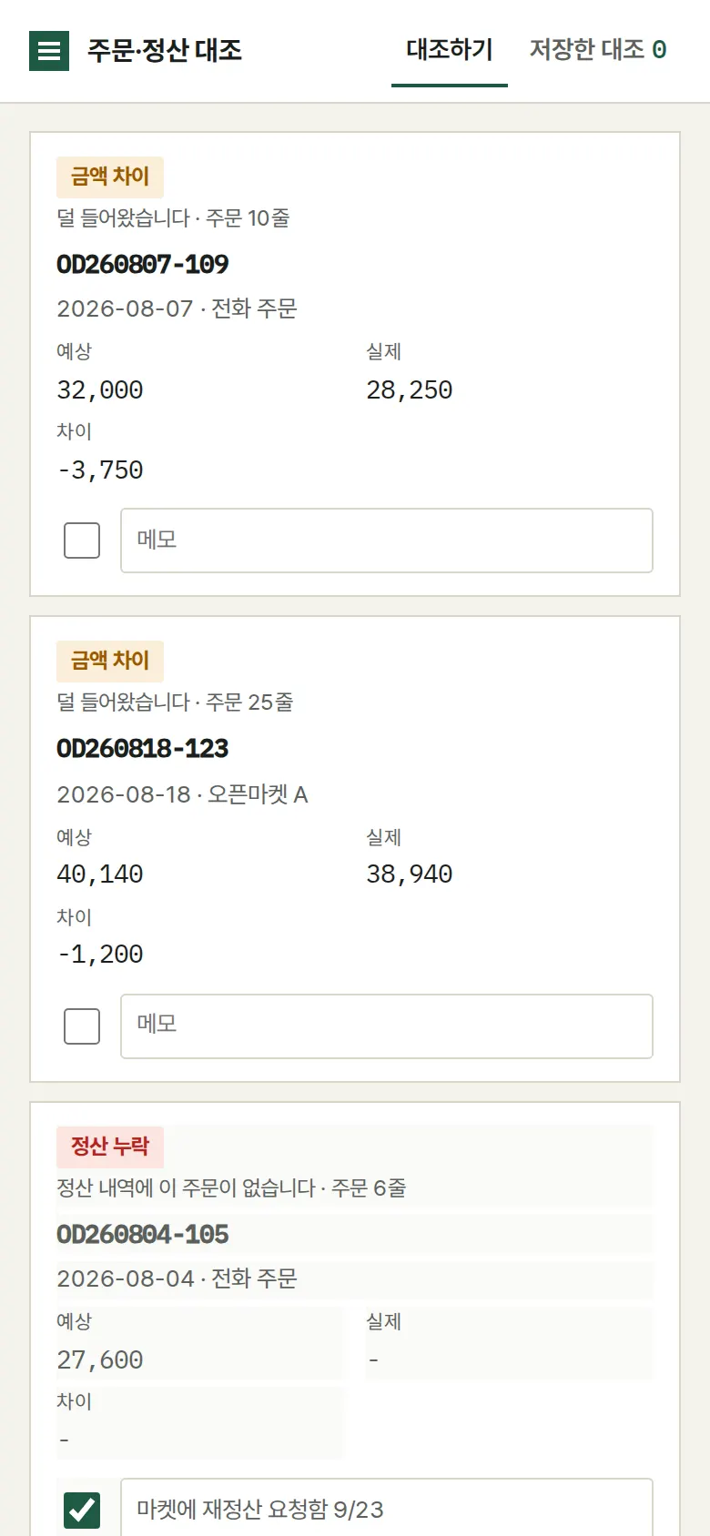 확인 표시와 메모 화면