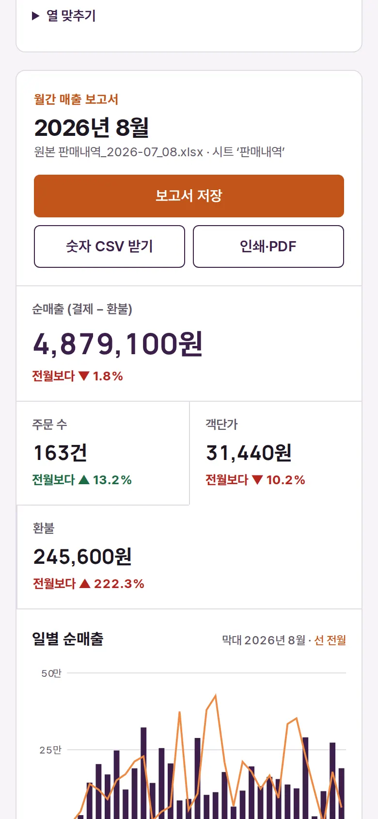엑셀 그대로 읽어 보고서 만들기 화면