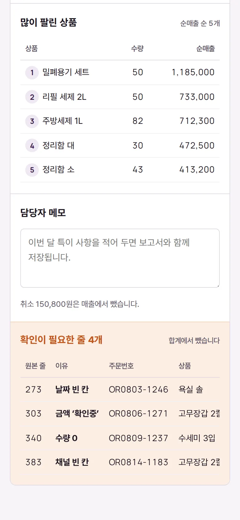 확인이 필요한 줄 화면