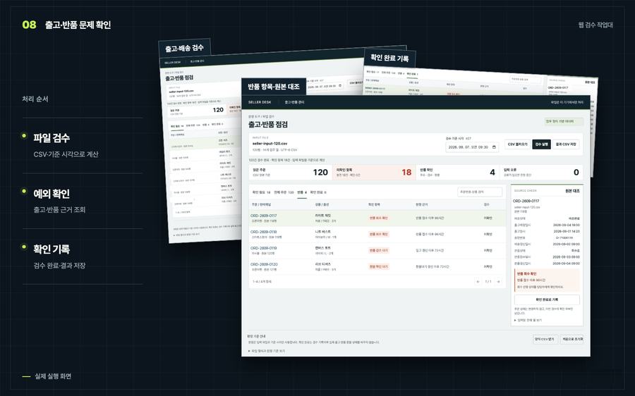 출고·반품 문제 확인 화면